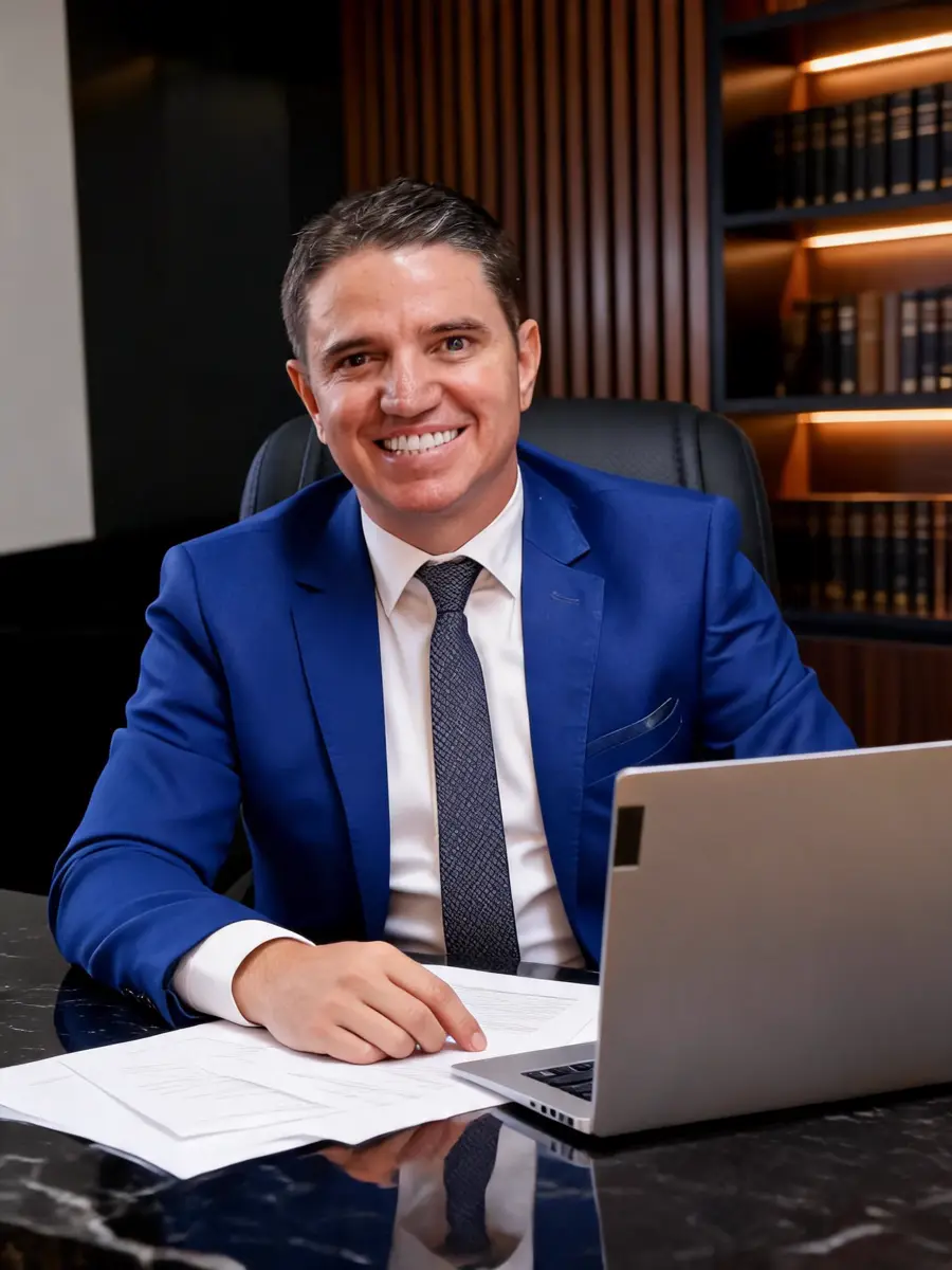 Dr. Sanderson Canedo, advogado previdenciário, em sua mesa no escritório em Anápolis